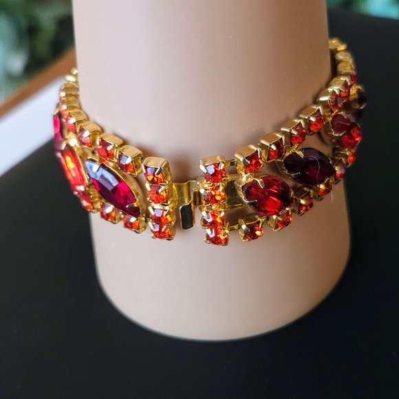 Vintage Orange & Red Rhinestone Flat Bracelet - Picture 3 of 9